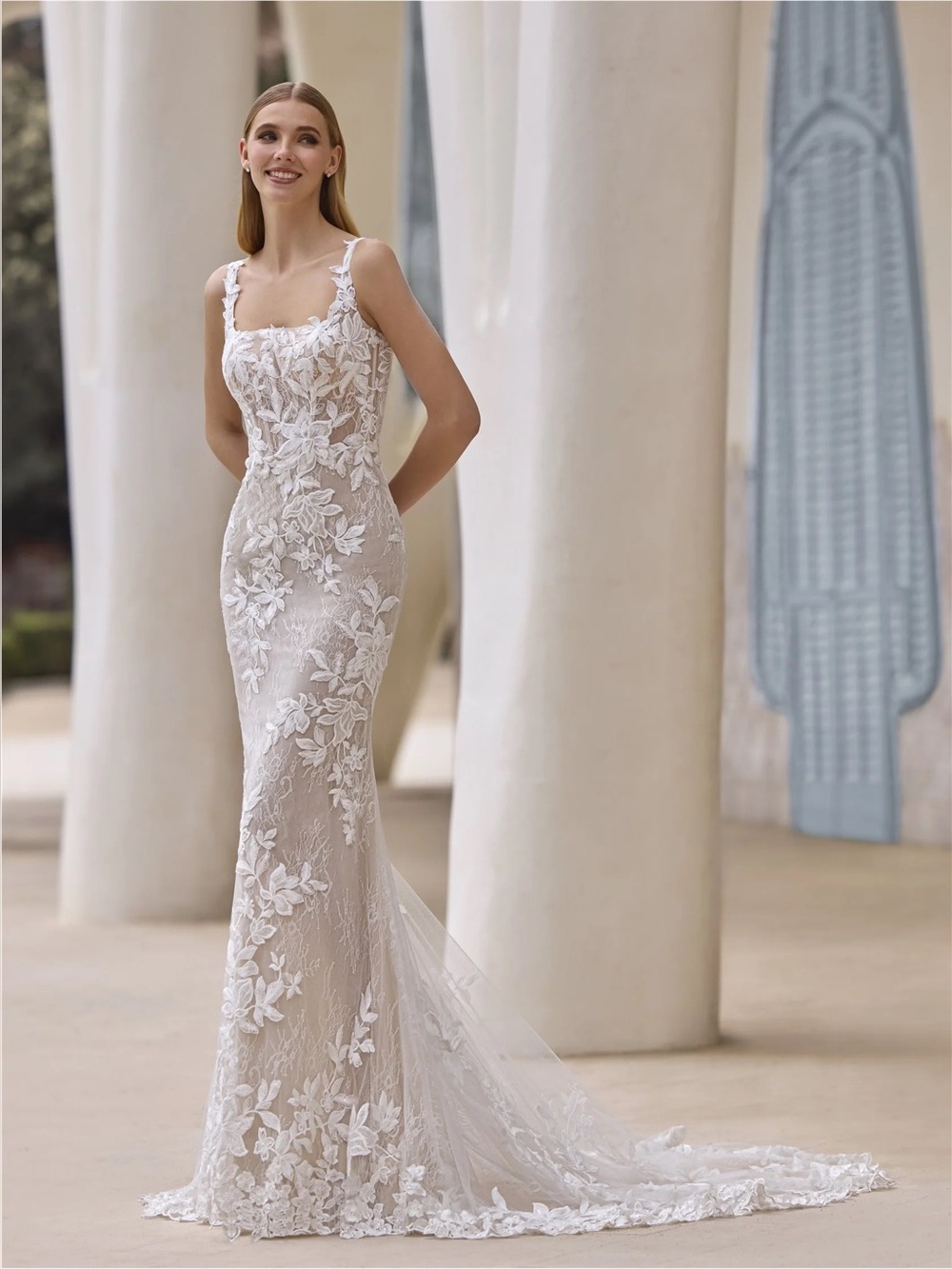 Pronovias Ivory Floral Lace Sheath Wedding Gown - Zeala